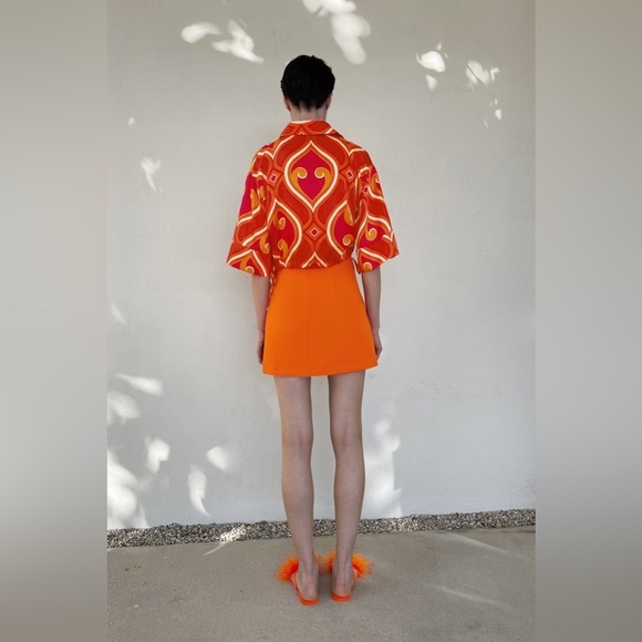 Zara Mini Skirt Women's Size Medium Bright Orange High-Waisted Flare - Picture 7 of 13